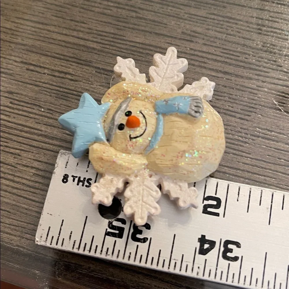 Vintage Charming Cream Snowman & Snowflake Pin with Blue Accents Holiday Brooch